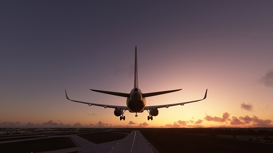airliner taking off from a runway towards the sunset, 3d render