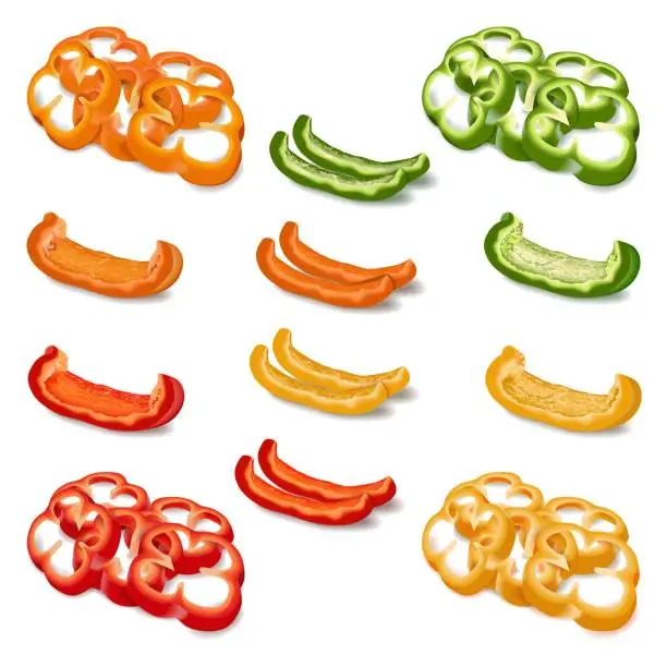 Vector illustration of Three each red, green, yellow, and orange bell peppers for banners, flyers, posters, social media. Slices and wedges of sweet bell peppers. Vegetables. Vector illustration isolated on white background