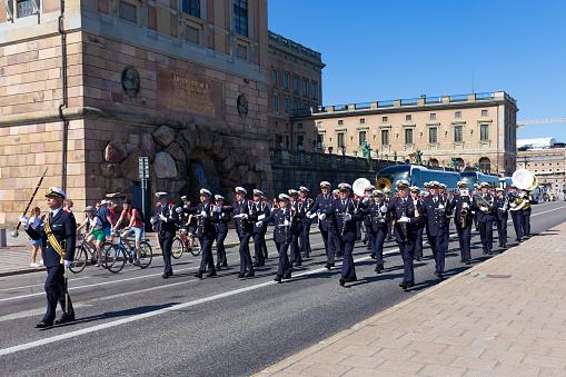 Stockholm, Sweden - August, 13, 2022: The soldiers band of the Change of Guards Parade doing their show in Stockholm, Sweden