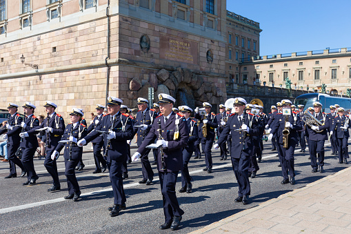 Stockholm, Sweden - August, 13, 2022: The soldiers band of the Change of Guards Parade doing their show in Stockholm, Sweden