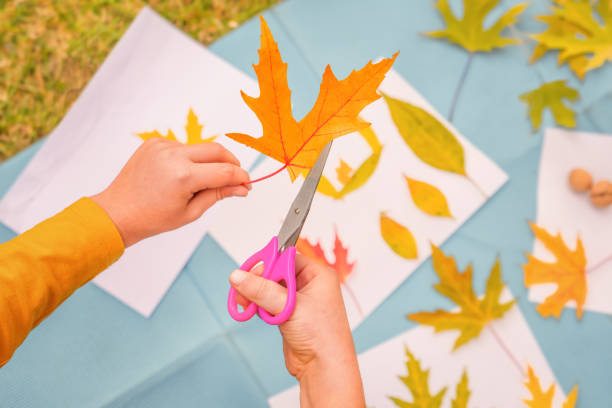 istock Diy art kid creative play learning outside school outdoor learning park. Kids workshop children scissors cutting leaves art craft kids handmade autumn child art education nature creative autumn leaves 1415574517