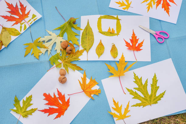 istock Diy art kid creative play learning outside school outdoor learning park fall. Kids workshop children glue scissors art craft kids handmade autumn child art education nature creative autumn leaves fall 1415574553