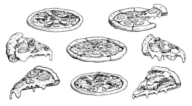 illustrazioni stock, clip art, cartoni animati e icone di tendenza di set pizza disegnato a mano in stile schizzo. diversi tipi di pizza. intero e a pezzi con formaggio fuso. ideale per la progettazione e l'imballaggio del menu. illustrazioni vettoriali. - pizza margherita