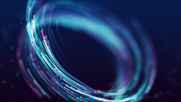 3d абстрактный дизайн вихрей синих и фиолетовых частиц. цифровой свет светящейся частицы торнадо фон. - render stock illustrations