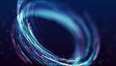 3D Abstract blue and purple particles vortex design. Digital light glow particle tornado background.