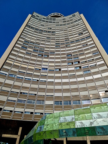 Barcelona - December 15, 2023: Sunny facade of the City of Justice in Barcelona, highlighting its modern architecture