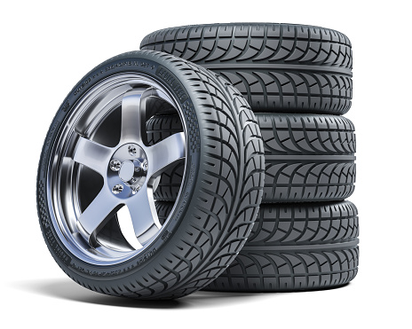 Set of new car wheels. New tires with chrome rims isolated on white background 3D