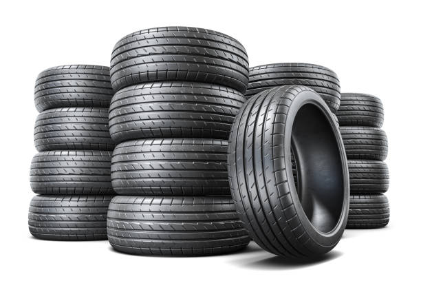 lager mit neuen autoreifen 3d-rendering - tire auto repair shop part of vehicle stack stock-fotos und bilder