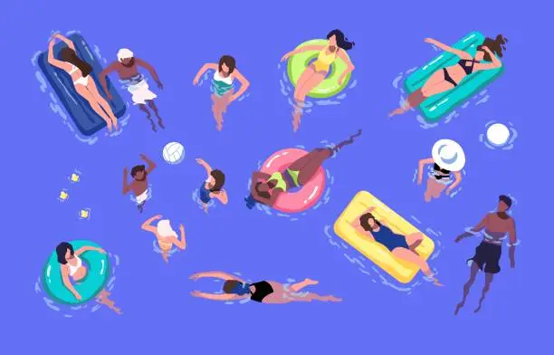 Vector illustration of People relaxing in summer water pool, floating on inflatable mattresses, swimming with rubber rings, sunbathing. Top view of diverse men, women in swimwear in sea. Colorful flat vector illustration