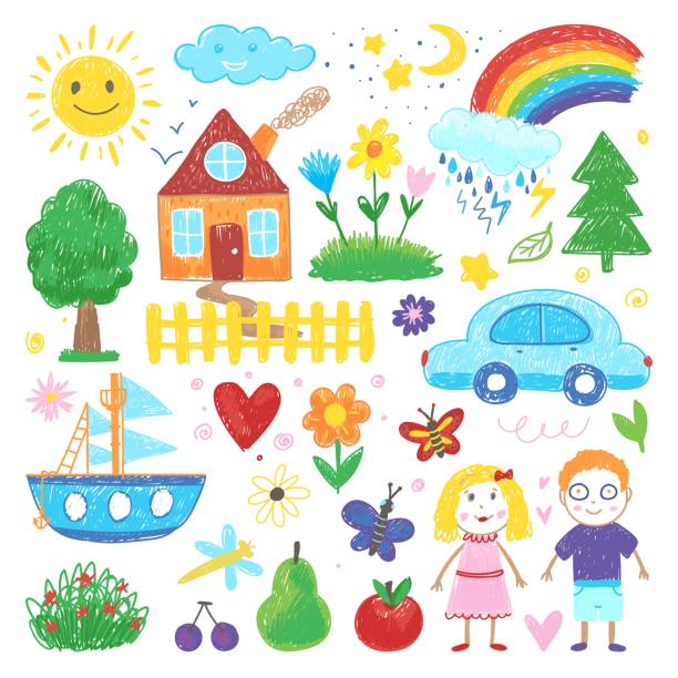 ilustraciones, imágenes clip art, dibujos animados e iconos de stock de dibujo infantil. casa de pintura infantil garabateando crayones, lápiz de color para niños elementos de dibujo infantil. flores, arco iris coche y barco, frutas y sol sonriente vector neotérico clipart - sorteo de partidos