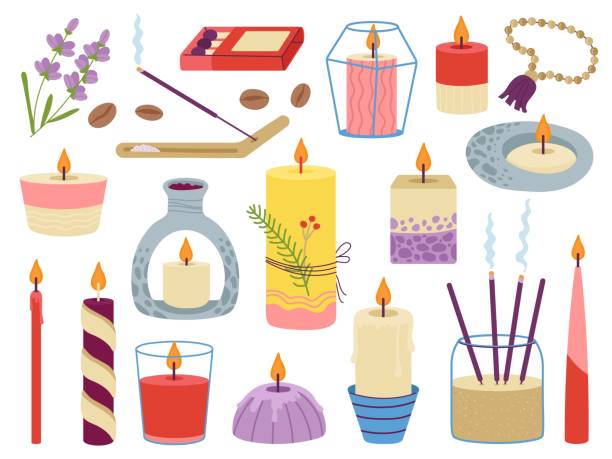 Meditation elements and candles. Candle clipart, home aromatherapy for relax. Aroma stick, yoga relaxation tools. Cozy lifestyle decent vector collection Meditation elements and candles. Candle clipart, home aromatherapy for relax. Aroma stick, yoga relaxation tools. Cozy lifestyle decent vector collection of candle fire aromatherapy clip art of illuminated letter a stock illustrations