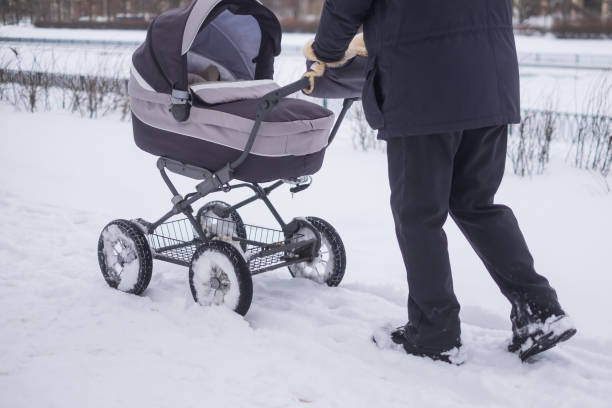 istock Baby stroller wheel on snowy road in winter. 1415580948