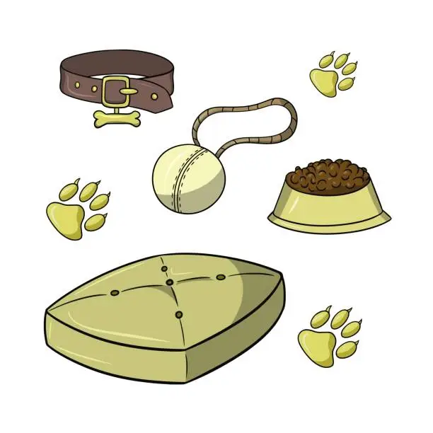 Vector illustration of Yellow icon set, dog accessories, cartoon-style vector illustration
