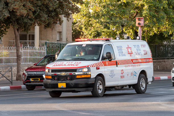 Jerusalem Israel April 2021 View of a ambulance in the street of Jerusalem in Israel on afternoon Jerusalem Israel April 2021 View of a ambulance in the street of Jerusalem in Israel on afternoon ambulance in israel stock pictures, royalty-free photos & images
