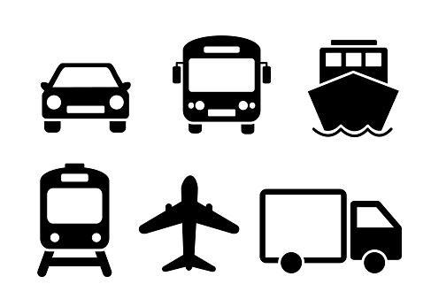 Means of transport icon set. Black solid flat travel modes web icons of car, train, ship, airplane and bus. EPS 10 vector.