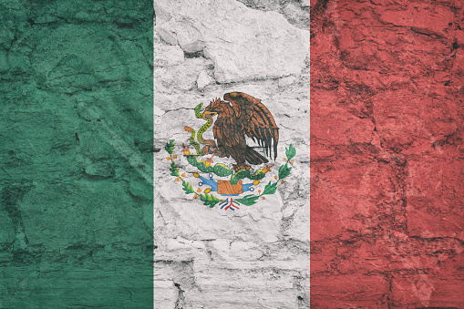 Flag of Mexican on stone wall, grunge background. Flag of Mexican depicted in bright paint colors on old relief plastering wall