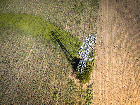 Aerial view of a high voltage power pylon.