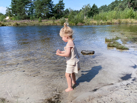 Toddler girl playing in the water of the Roode Beek river in the Brunssummerheide Heath land on a warm summer day in August.