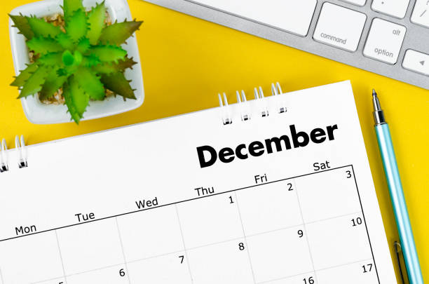 istock December 2022 desk calendar with pen and keyboard computer on yellow background. 1415587427