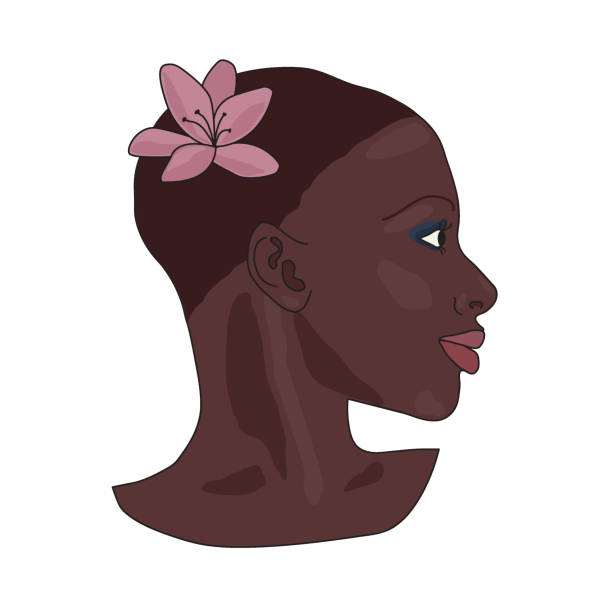 美しいアフリカ系アメリカ人の女の子の肖像画。短い髪、メイクアップ、ピンクのリリーまたはマグノリアの花を持つ若いエレガントな黒人女性の頭部プロファイルは、白い背景に隔離され� - magnolia flower single flower white点のイラスト素材／クリップアート素材／マンガ素材／アイコン素材