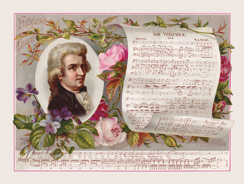 Portrait of Wolfgang Amadeus Mozart (Austrian composer, 1756 - 1791) and a music sheet of 