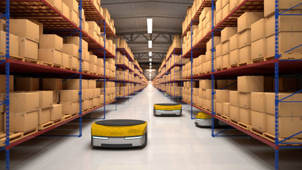 istock Autonomous robots moving shelves with cardboard boxes in automated warehouse. Seamless looping. Automated warehouse of the future concept. Realistic high quality 3d rendering animation. 1415592945