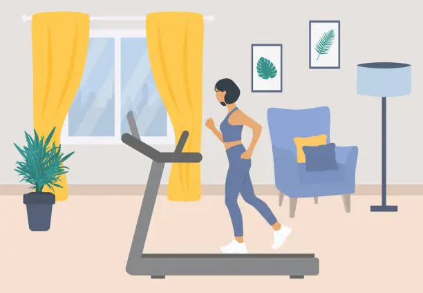 Vector illustration of Young Woman Running On Treadmill In Living Room. Sports At Home