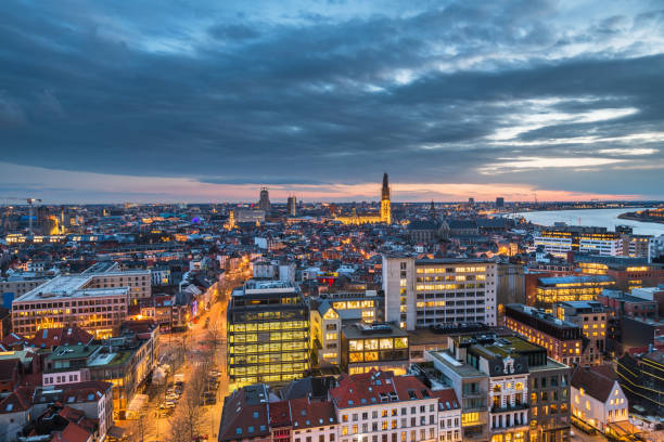Antwerp, Belgium cityscape from above at twilight.
