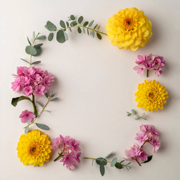 istock Floral composition frame, greeting card mockup. Pink and yellow flowers with copy space. 1415595719