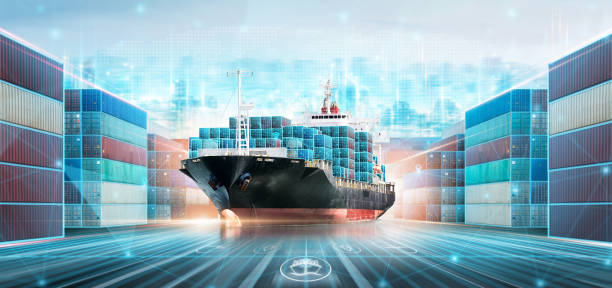 Smart Logistics and Warehouse Technology concept, Real time data location tracking freight shipment delivery, Container ship at port, Global business logistics import export transportation background concepto de logística inteligente y tecnología de almacén, seguimiento de la ubicación de datos en tiempo real de la entrega de envíos de carga, buque portacontenedores en el puerto, logística comercial global de importación y transporte de exportac