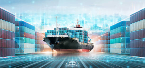 Smart Logistics and Warehouse Technology concept, Real time data location tracking freight shipment delivery, Container ship at port, Global business logistics import export transportation background stock photo