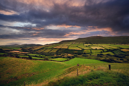 Wide angle view of sunrise along The Great Ridge with Edale and Hope Valley. Peak District National Park, England, UK.