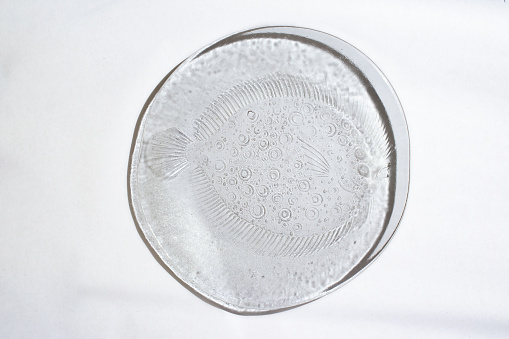 transparent, corrugated glass plate with fish pattern on white background