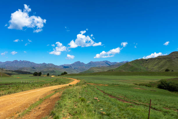 istock Gravel road through green fields to the mountain 1415597955