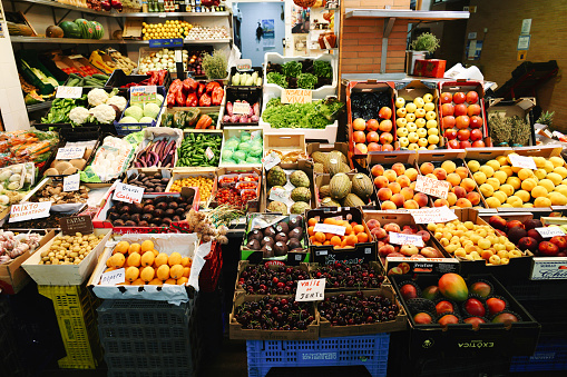 8th June, 2022 - Fruit stand in a market in Seville, Andalusia, Spain