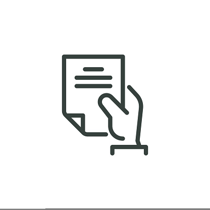 istock Thin Outline Icon Sheet of Paper or Document in a Person's Hand. Such Line sign as Request, Submission of Documents. Vector Computer Isolated Pictograms for Web on White Background Editable Stroke 1415598585