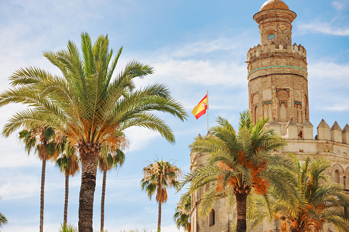 8th June, 2022 - Spanish flag flying over The Torre del Oro (Golden Tower), which dominates the banks of the river Guadalquivir, Seville, Andalusia, Spain on a sunny June day