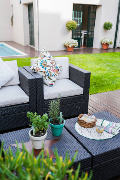istock Garden decorated with swimming pool and natural grass 1415598619