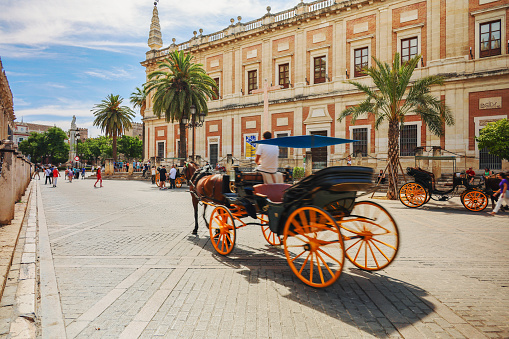 8th June, 2022 - Tourists taking a Horse-drawn carriage ride in Seville, Andalusia, Spain on a sunny June day
