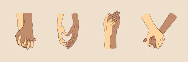 illustration von zwei interrassischen liebespaaren, die händchen halten - holding hands human hand holding couple stock-grafiken, -clipart, -cartoons und -symbole