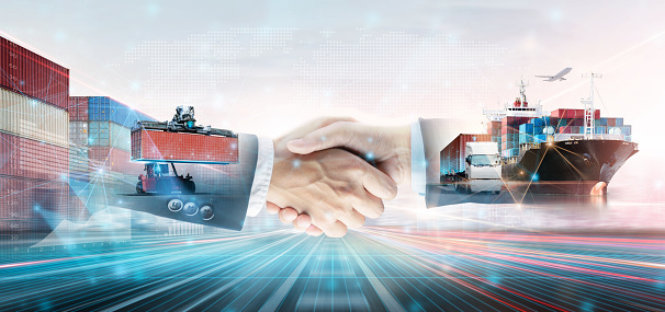 Business and Technology Digital Future of Partnership Transport Concept, Double Exposure Polygon Wireframe Handshake and Container Cargo Freight Ship, Truck, Modern Futuristic Import Export Background