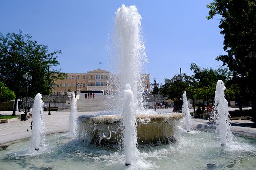 View of Greek Parliament during a hot day in central Athens, Greece on August 18, 2022.