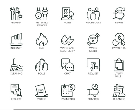 Premium Icons Pack on Housing and Communal Services, Consumer Services, Public Utilities. Such Line Signs as Plumbing Work, Water Supply. Vector Icons Set for Web and App in Outline Editable Stroke.