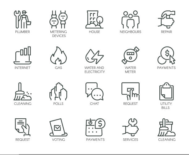Premium Icons Pack on Housing and Communal Services, Consumer Services, Public Utilities. Such Line Signs as Plumbing Work, Water Supply. Vector Icons Set for Web and App in Outline Editable Stroke Premium Icons Pack on Housing and Communal Services, Consumer Services, Public Utilities. Such Line Signs as Plumbing Work, Water Supply. Vector Icons Set for Web and App in Outline Editable Stroke. public service icon stock illustrations