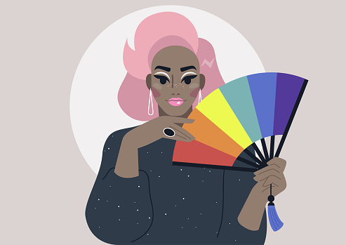 Drag Queen with a rainbow hand fan wearing a shiny black dress and bright make up, queer community, LGBTQ pride