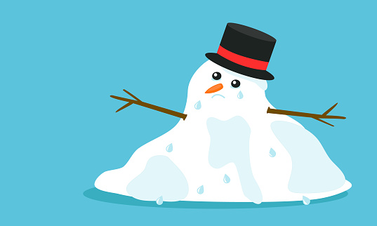 Cuite sad melting snowman with hat and tears in flat cartoon style, isolated on blue background. Vector EPS 10 illustration.