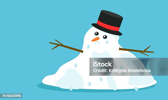 istock Cuite sad melting snowman with hat and tears in flat cartoon style, isolated on blue background. Vector EPS 10 illustration 1415602896