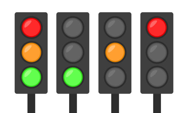 набор светофоров значок красный зеленый и оранжевый простой плоский desi - go stock illustrations