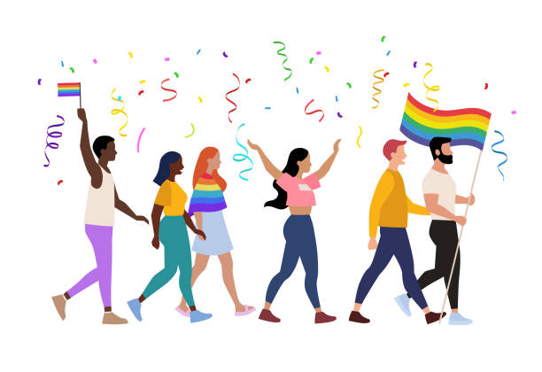 Pride parade vector illustration of people, homosexual couples holding rainbow signs, lgbt community activists Pride parade vector illustration of people, homosexual couples holding rainbow signs, lgbt community activists lesbian flag stock illustrations