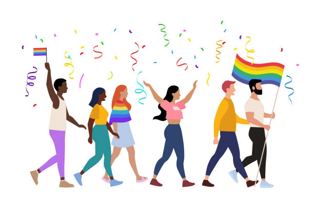Pride parade vector illustration of people, homosexual couples holding rainbow signs, lgbt community activists Pride parade vector illustration of people, homosexual couples holding rainbow signs, lgbt community activists gay pride people stock illustrations